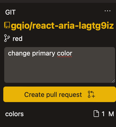 Window with a text area filled with a commit message and button for creating a pull request