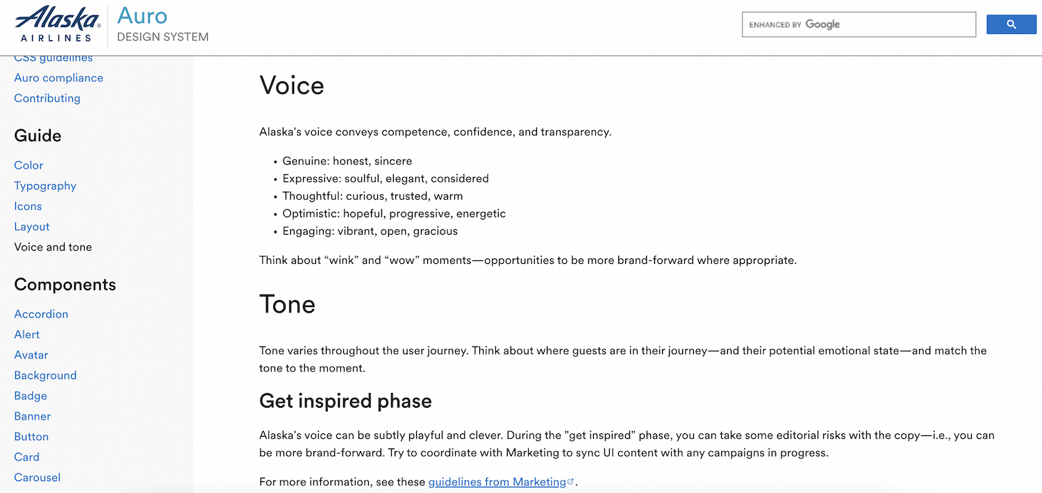 Screenshot from Auro, Alaska Airlines’ design system, showing their Voice and Tone guide.