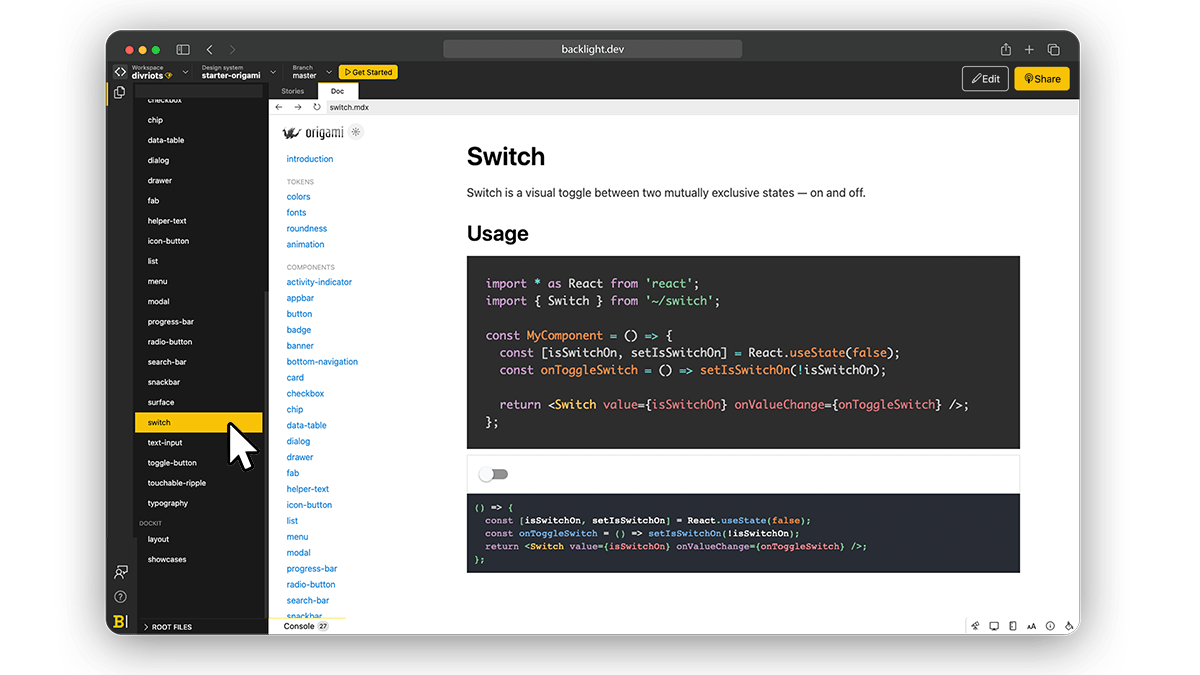 Screenshot of Origami in backlight.dev with documentation previewed