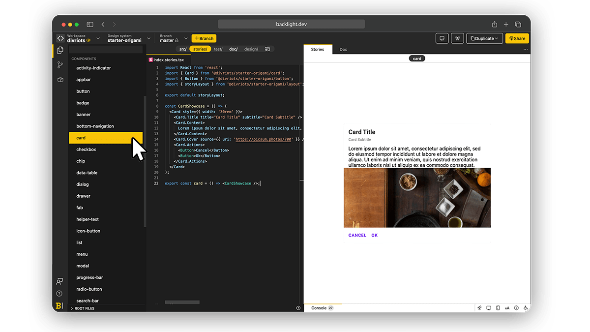 Screenshot of Origami in backlight.dev with documentation previewed