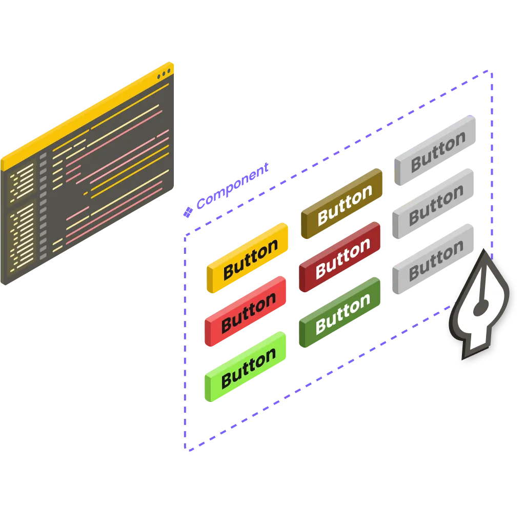 Screenshot with a zoom on a "button" component's UI kit next to a pen.